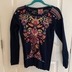 Navy Waffle Embroidered Johnny Was Top